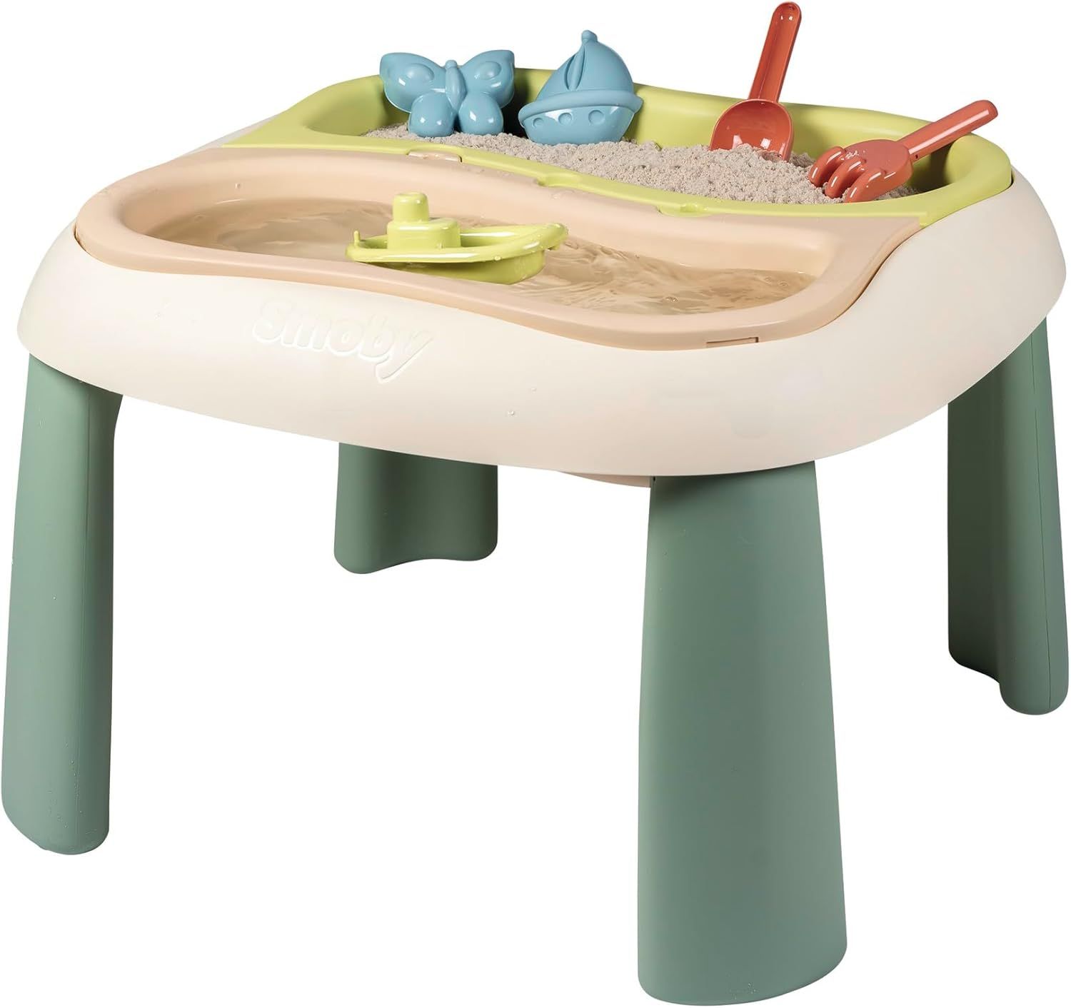 Smoby Life - Table Sable et Eau - 2 Bacs Amovibles, Pelle, Râteau, Bateau, Moules à Sable - Jouet pour Utilisation Extérieure - Matière Recyclée - A Partir de 18 Mois - Fabrication Française