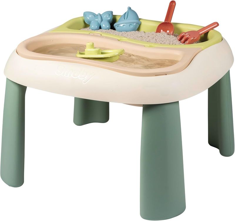 Smoby Life - Table Sable et Eau - 2 Bacs Amovibles, Pelle, Râteau, Bateau, Moules à Sable - Jouet pour Utilisation Extérieure - Matière Recyclée - A Partir de 18 Mois - Fabrication Française