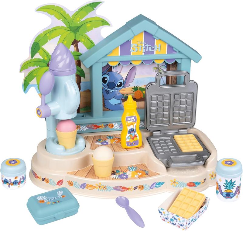 Smoby - Stitch - Paillote Gourmande - Beach Bar - Glaces Magiques et Gaufrier - 12 Accessoires Inclus, dinette - A Partir de 3 Ans - Fabrication Française
