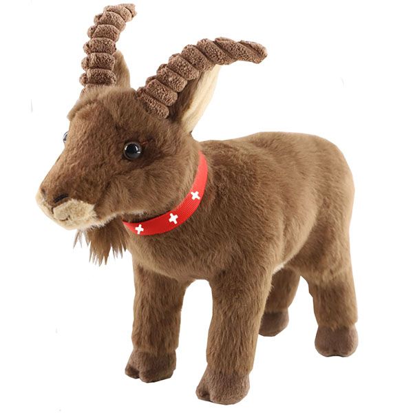 Bouquetin en peluche 32cm debout, avec collier Suisse