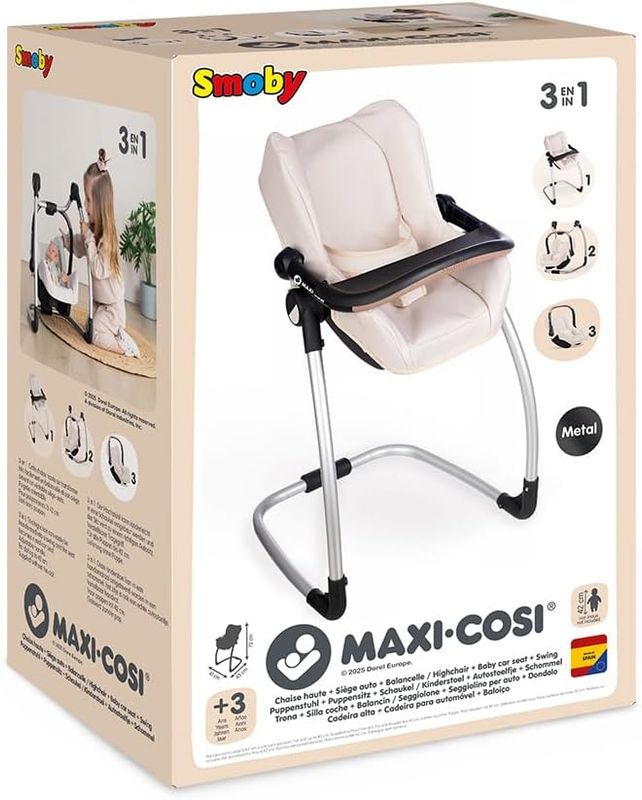 Smoby - Maxi-COSI - Siège et Chaise Haute Beige - pour Poupons Jusqu'à 42 cms - Jouet d'Imitation - Tablette, Balancelle, Siège Auto - A Partir de 3 Ans - Fabrication Espagnole
