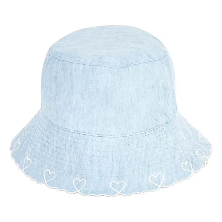 Petit Bateau Capeline chapeau jeans bleu ciel avec bord brodé de coeurs