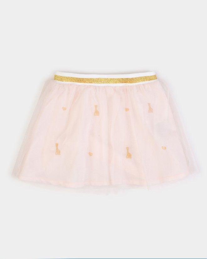 Jupe en tulle rose avec ceinture élastique à paillettes, brodé Sophie la Girafe doré, doublé coton