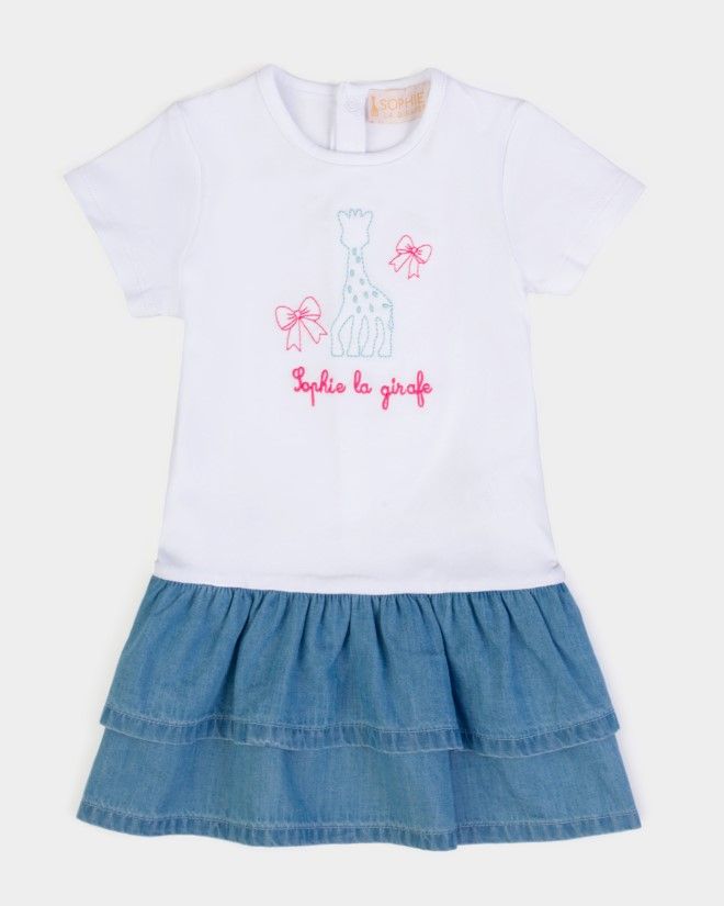 Robe en coton Sophie la Girafe, volant en jeans, brodé