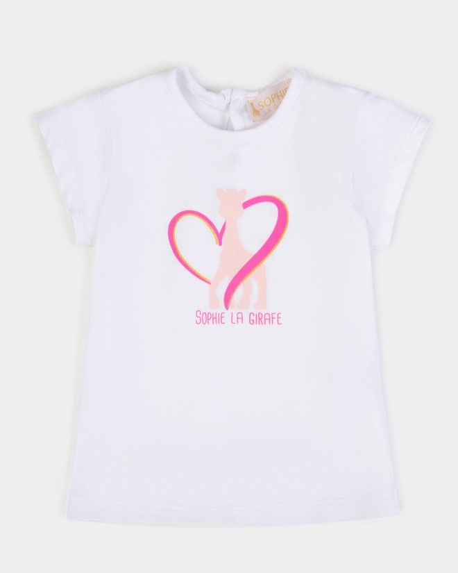 T-shirt blanc sérigraphié Sophie la Girafe avec coeur rose