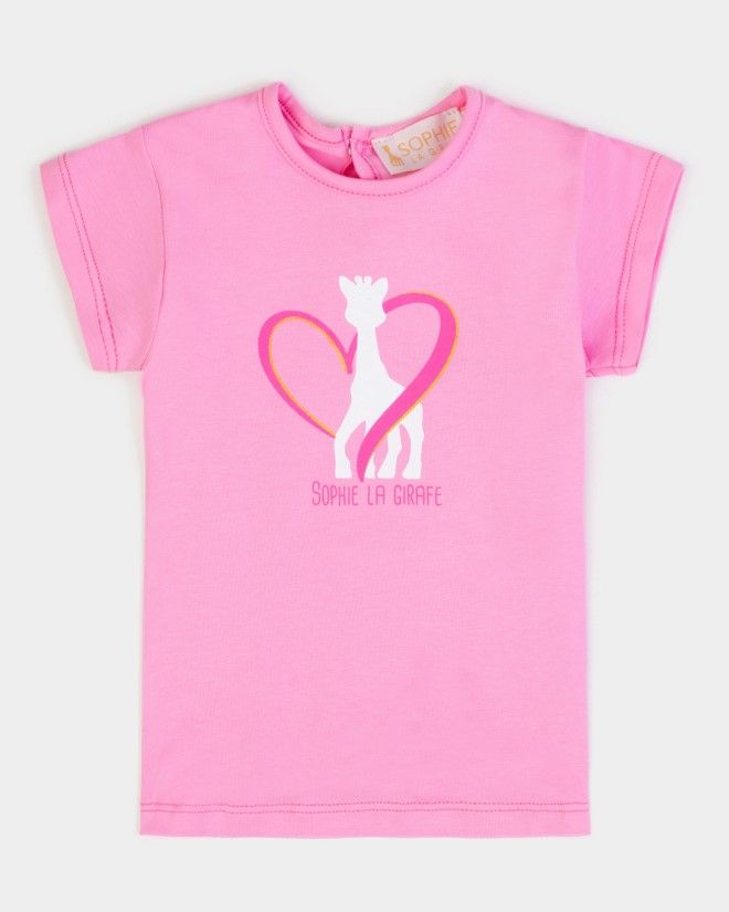T-shirt rose sérigraphié Sophie la Girafe avec coeur rose