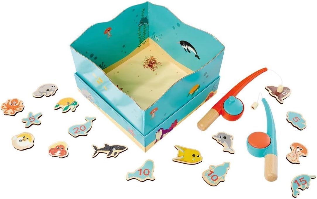 Eichhorn - Jeu de pêche magnétique avec 16 Poissons et Aquarium, avec 2 pêche, 19 pièces, 100% Bois de hêtre et de Tilleul certifié FSC, à partir de 2 Ans