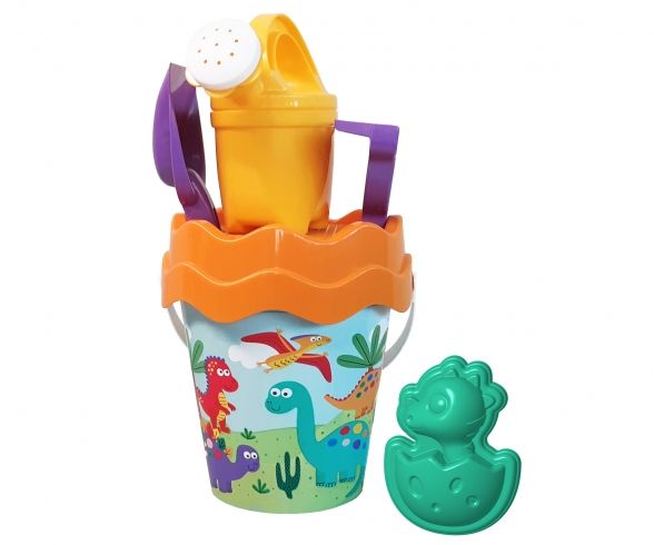 Dino  Panoplie de sable/eau, Jouets de Sable, 6 pièces, Seau, passoire, Moule à Sable, Pelle, râteau, arrosoir, 16 cm, diamètre : 17 cm, à partir de 10 Mois