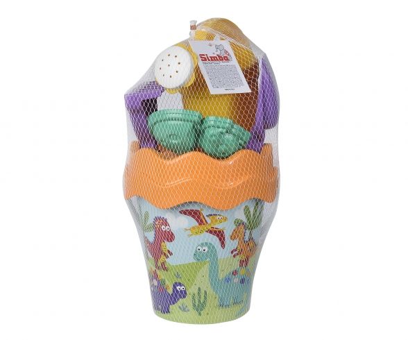 Dino  Panoplie de sable/eau, Jouets de Sable, 6 pièces, Seau, passoire, Moule à Sable, Pelle, râteau, arrosoir, 16 cm, diamètre : 17 cm, à partir de 10 Mois