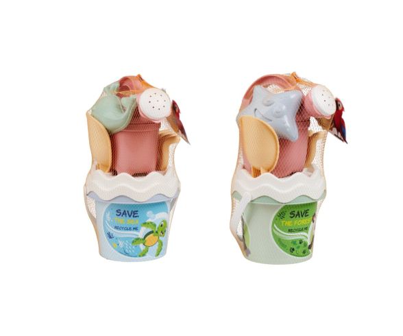 Panoplie pour le sable/eau Recyclé, seau, arrosoir, tamis, pelle, râteau et moule en forme de tortue, petit modèle