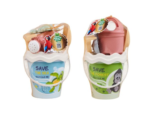 Panoplie pour le sable/eau Recyclé, seau, arrosoir, tamis, pelle, râteau et moule en forme de tortue