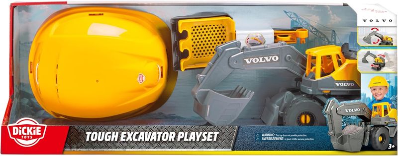 Dickie Toys - Volvo Kit de Chantier Tough Excavator (4 pièces). Grande Pelle Jouet (26 cm) avec Casque, Pelle et Tamis à râteau, Jouet de Voiture et de Sable pour Enfants à partir de 3 Ans