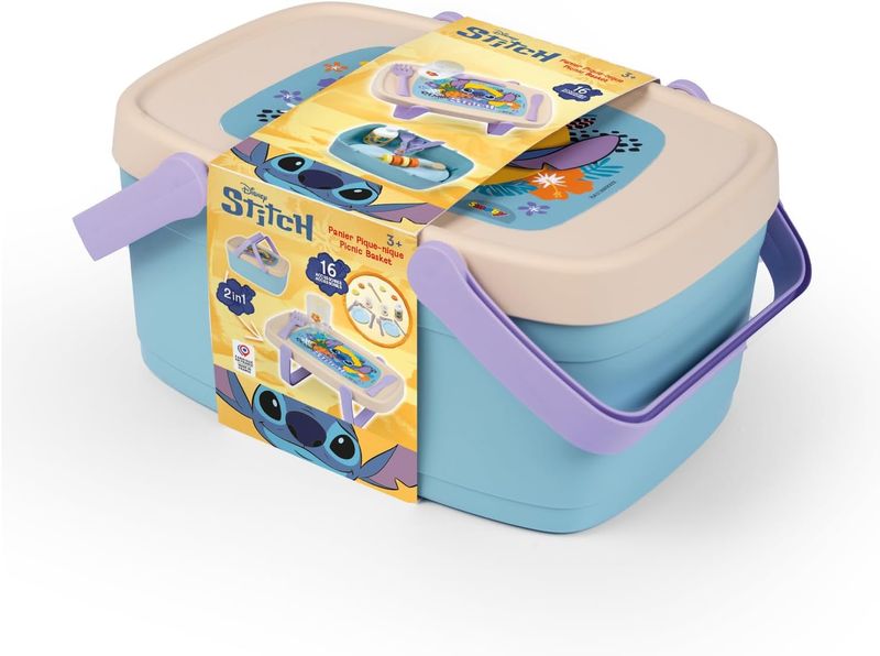 Smoby - Panier Pique Nique Stitch 2 en 1 - Se Transforme en Table d'Appoint - 16 Accessoires Inclus - A Partir de 3 Ans - Fabrication Française