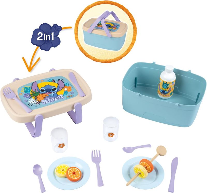 Smoby - Panier Pique Nique Stitch 2 en 1 - Se Transforme en Table d'Appoint - 16 Accessoires Inclus - A Partir de 3 Ans - Fabrication Française