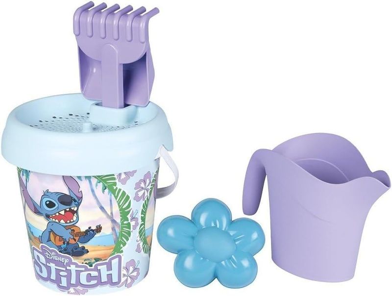 Smoby - Stitch - Seau Garni Arrosoir - Tamis, Râteau, Pelle, Arrosoir Moule à Sable - A Partir de 18 Mois - Fabrication Française