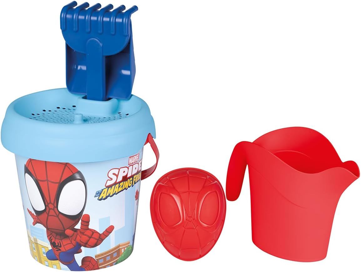 Smoby - Spidey - Seau Garni Arrosoir - Tamis, Râteau, Pelle, Arrosoir Moule à Sable - A Partir de 18 Mois - Fabrication Française