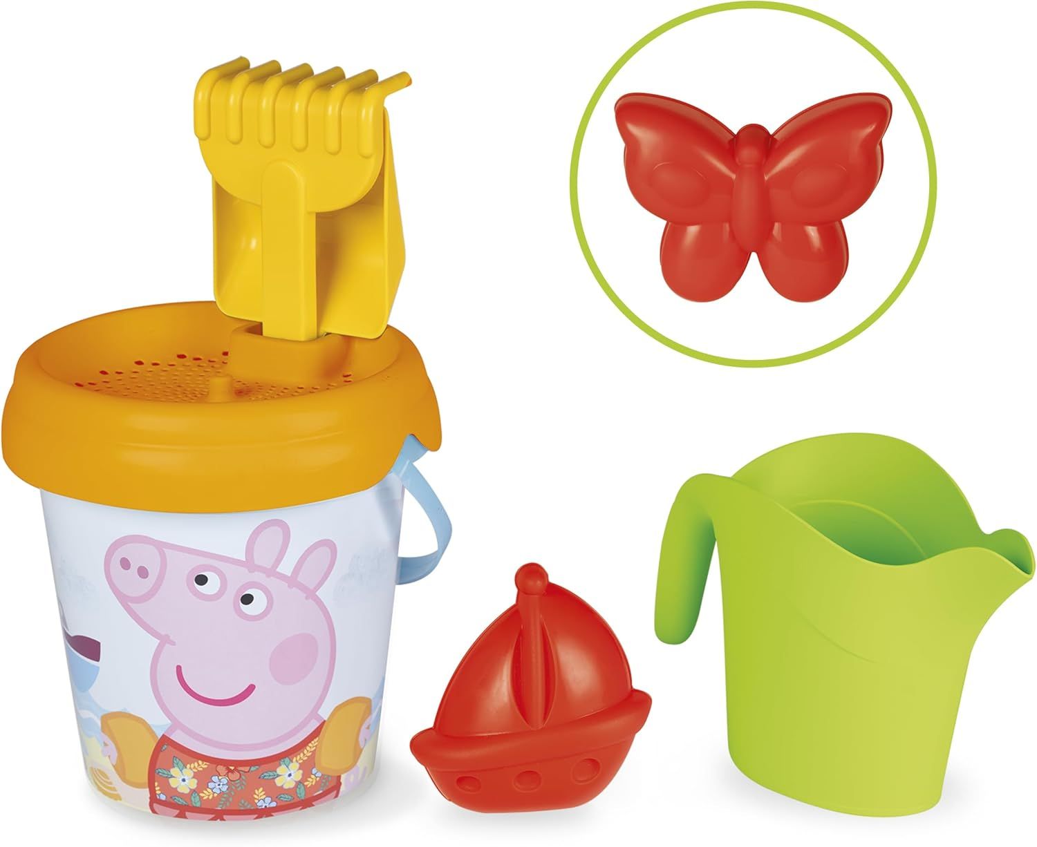 Smoby - Peppa Pig - Seau Garni Arrosoir - Tamis, Râteau, Pelle, Arrosoir Moule à Sable - A Partir de 18 Mois - Fabrication Française