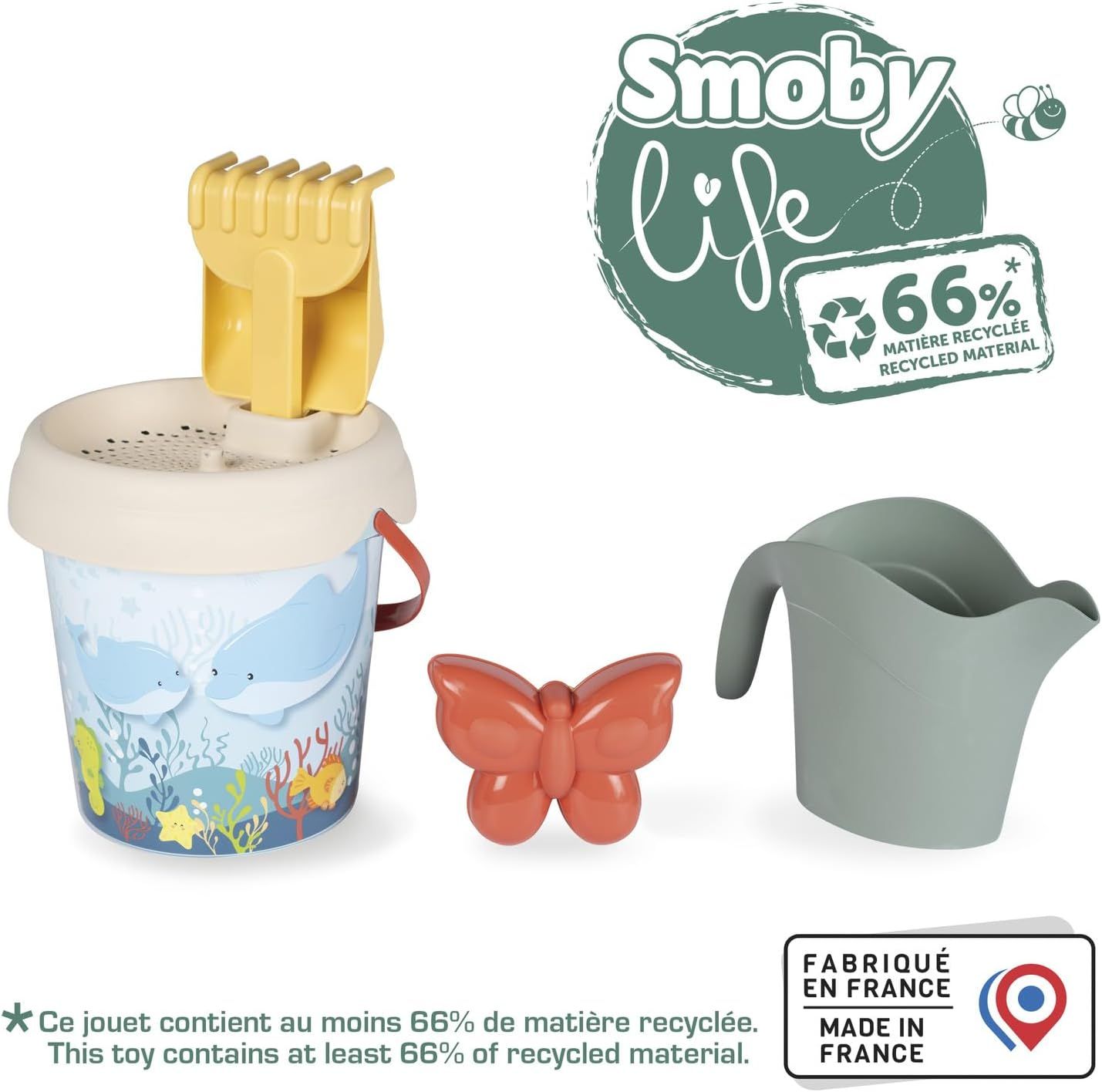 Smoby Life - Seau Garni - Doublette, Arrosoir, Moule à Sable, Tamis Inclus - Matière Recyclée - A Partir de 18 Mois - Fabrication Française
