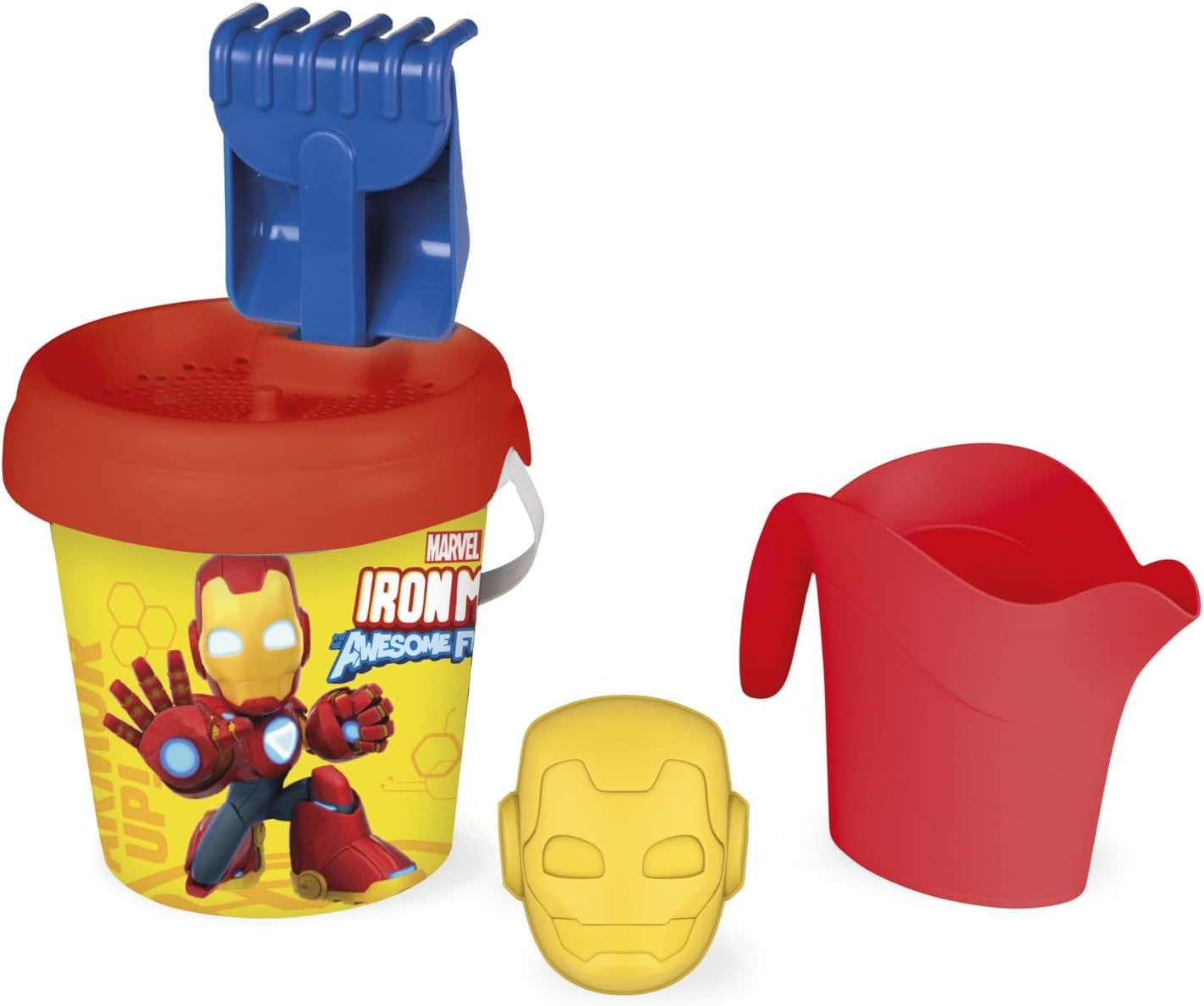 Smoby - Seau Garni Iron Man - Arrosoir, Pelle, Moule à Sable, Tamis, Râteau Inclus - Matière Recyclée - A Partir de 18 Mois - Fabrication Française