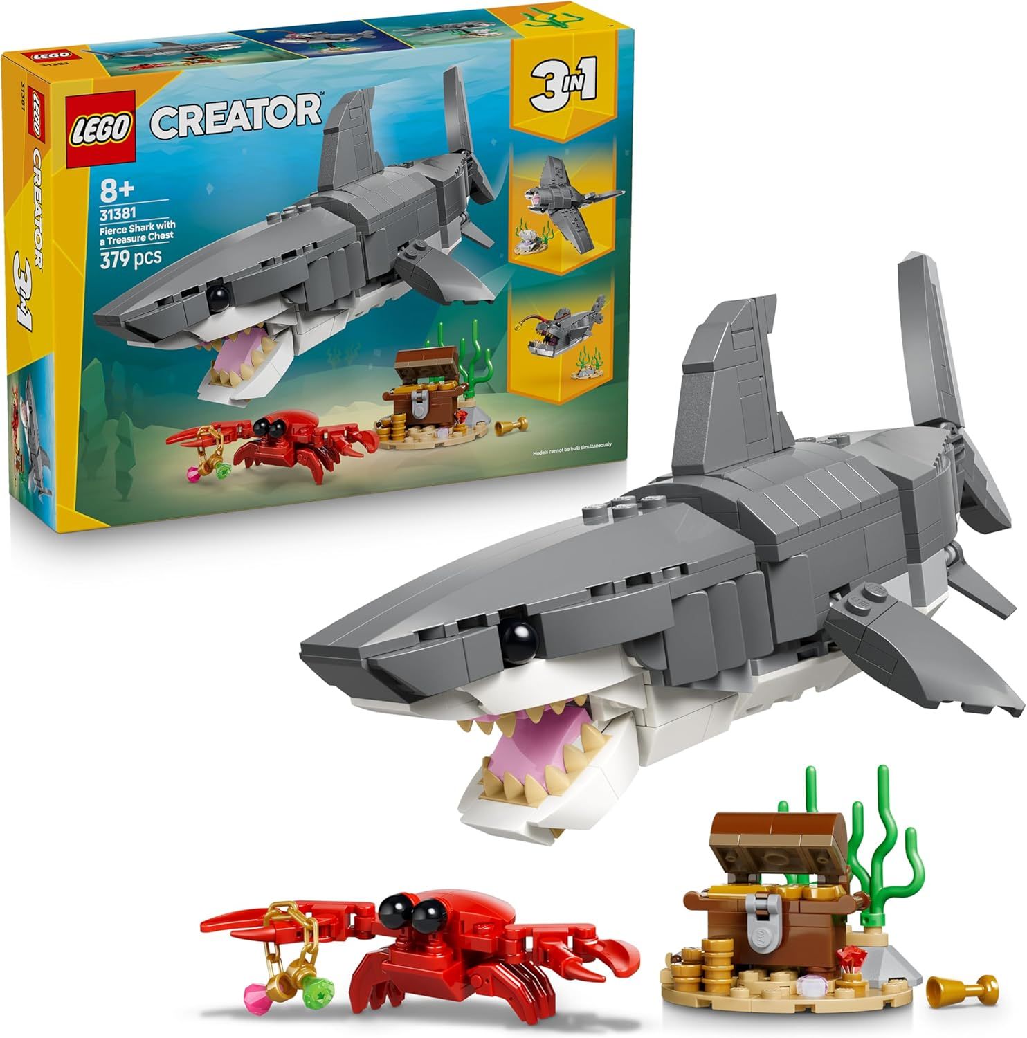 LEGO Creator 3-en-1 Le Redoutable Requin et Le Coffre au Trésor - Figurine d'animal Marin se Transformant en Baudroie ou Raie Manta