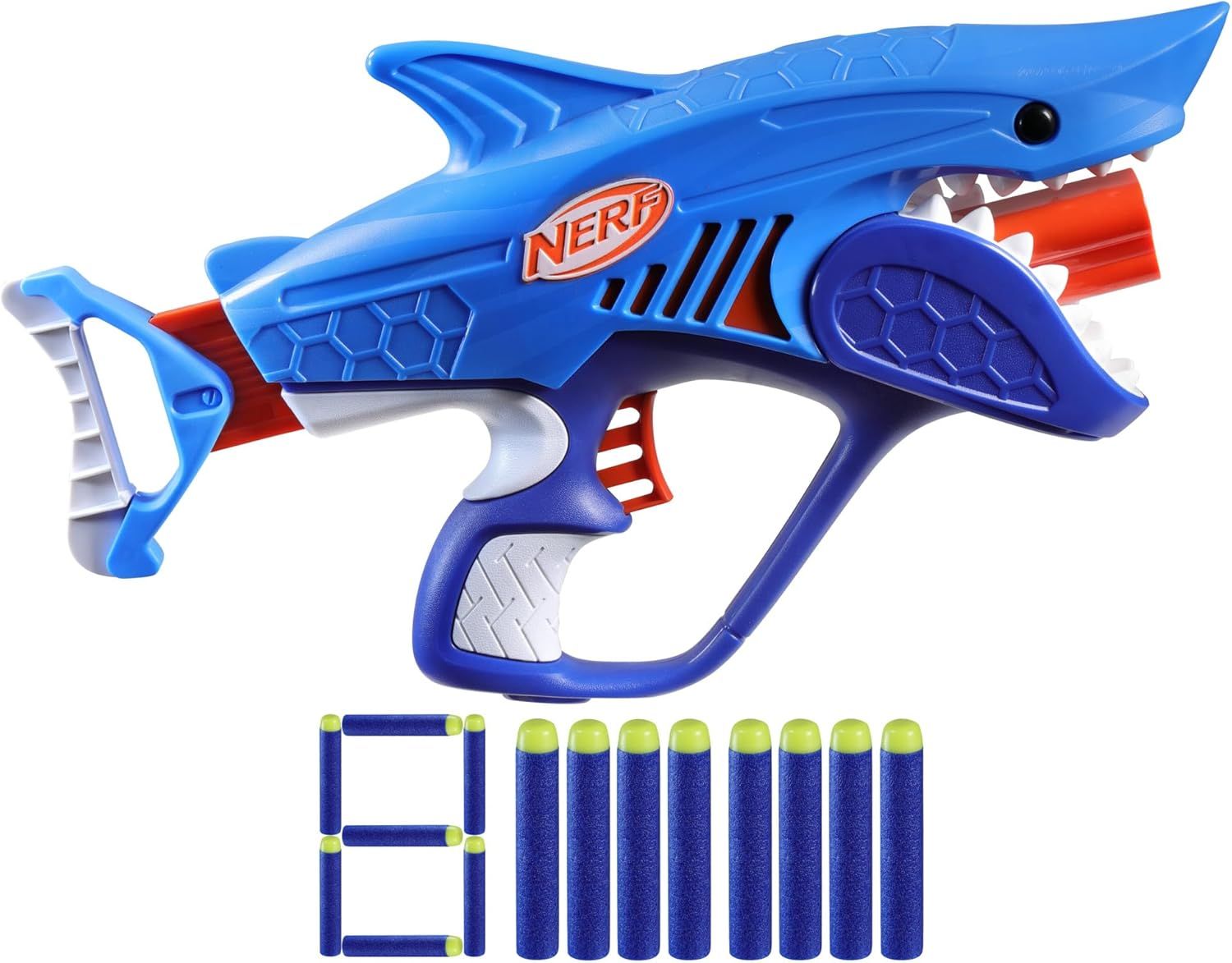 Nerf Fusil Pistolet Junior Wild, Blaster Sharkfire Facile à Utiliser, Lanceur de Fléchettes pour Enfants, Léger et Ergonomique, Design Requin