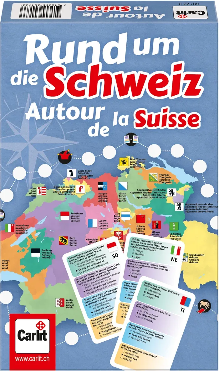 Autour de la Suisse, d/f/i dès 7 ans, 2-4 joueurs, jeu de connaissances, jeu de voyage