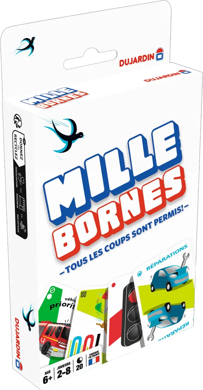 Mille Borne Pocket, f dès 6 ans, 2-8 joueurs, version poche en petit format, jeu de voyage