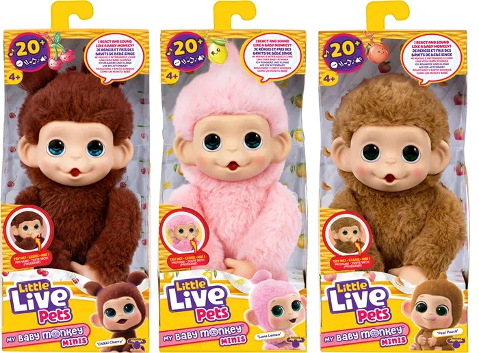 Baby Monkey Singe Minis  Little Live Pets, interacitf, piles 2xAA inclus dès 4 ans, 3 modèles différents