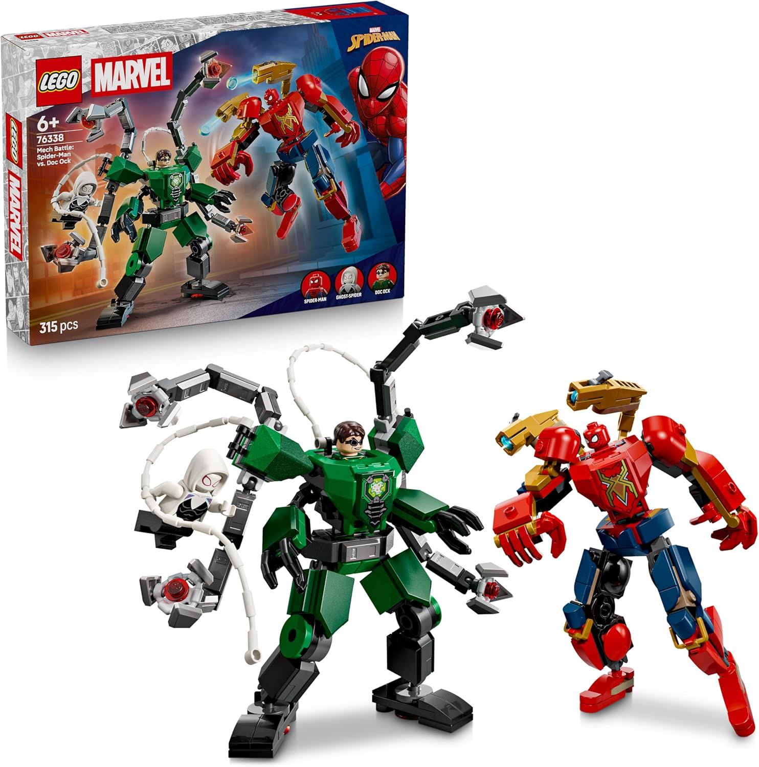 LEGO ǀ Marvel Le Combat des Robots : Spider-Man contre Docteur Octopus - Jouet de Super-Héros - 2 Figurines d'Action, 3 Minifigurines, Fusils à Tenons &amp; Corde en Toiles