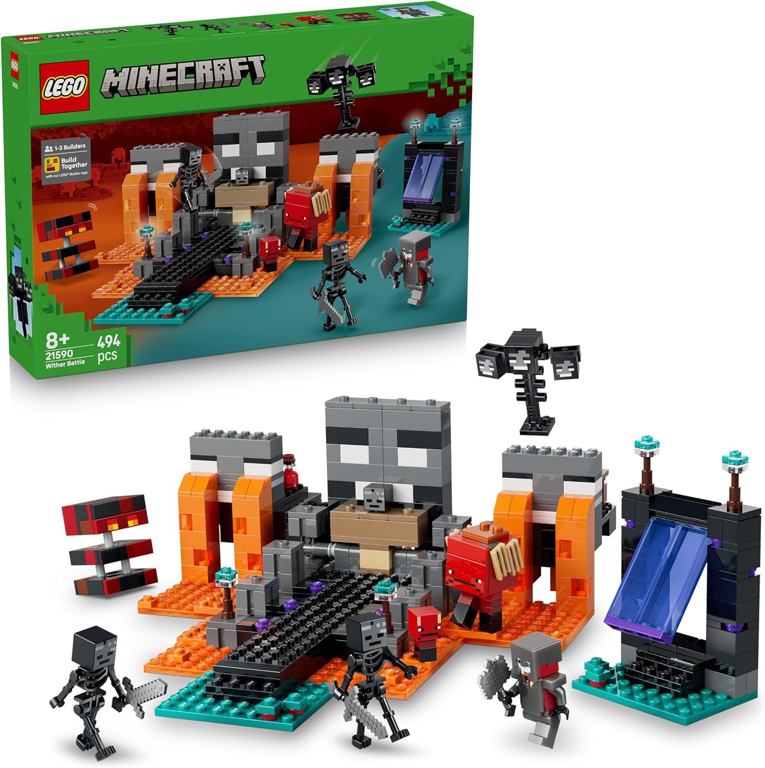 LEGO Minecraft La Bataille du Wither - Jeu Interactif avec Guerrier Écarlate, Arpenteur, Cube de Magma &amp; 2 Figurines Mobs de Wither Squelettes