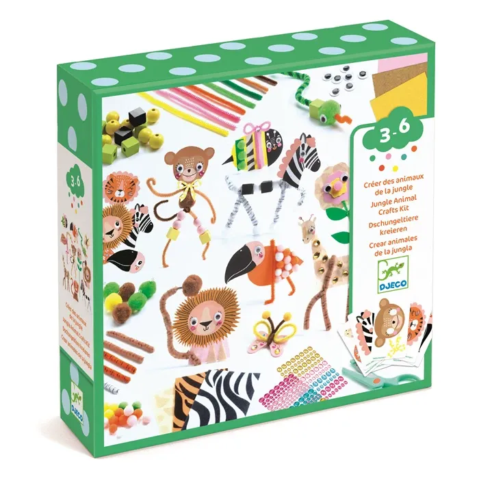 Djeco Boite à créer, animaux de la jungle, collage, perles, pompons, fils chenilles, etc.