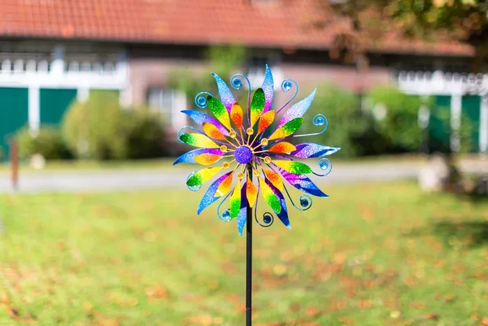 Éolienne tourniquet Wind Spinner Floral Spectrum Duett métal, Ø 40 cm, 160 cm, 2 rotors, ancrage au sol