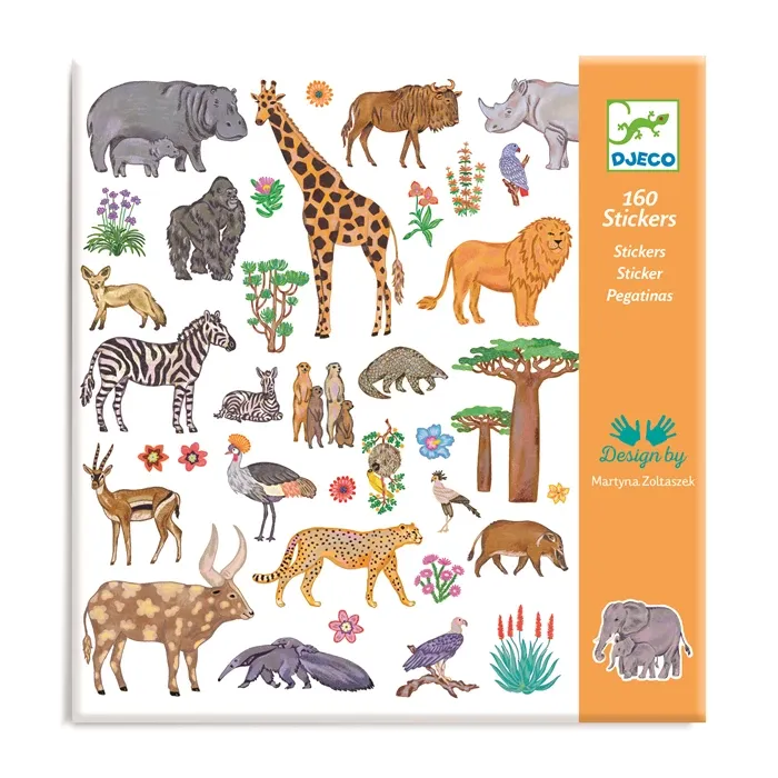Djeco Stickers animaux de la jungle, savane, 160 stickers Kenya