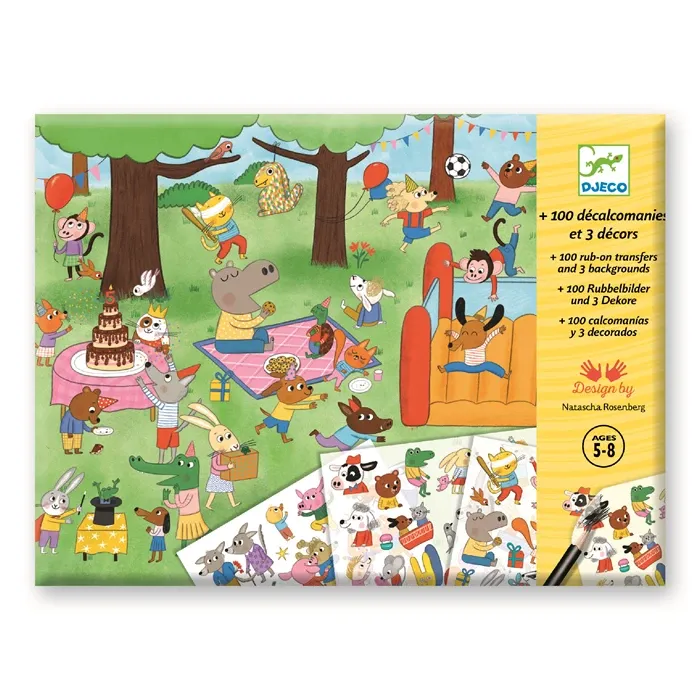 Djeco 100+ Décalcomanies et 3 décors, C'est la fête!