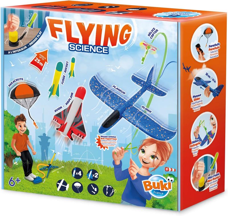 Buki Flying Science, avec parachute, fusée, planeur, avion, hélico