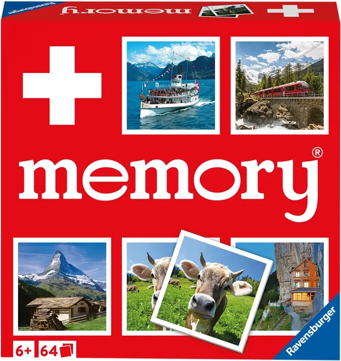 Memory La Suisse, d/f/i dès 6 ans, 2-8 joueurs, jeu de mémoire, 32 paires