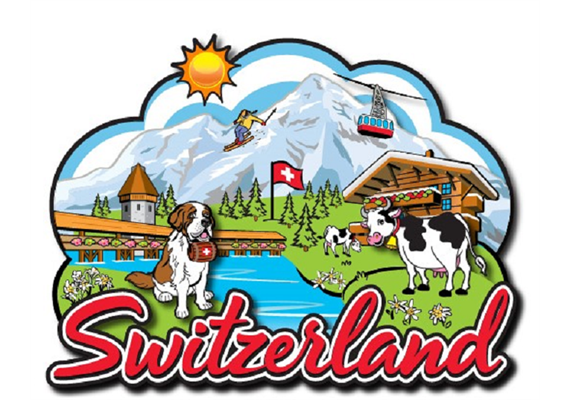 Magnet paysage de la Suisse, avec St-Bernard et vache