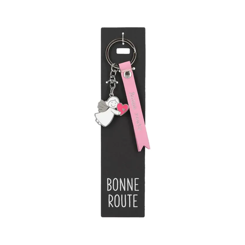 Porte-clés en cuir avec ange gardien et coeur "Bonne route"