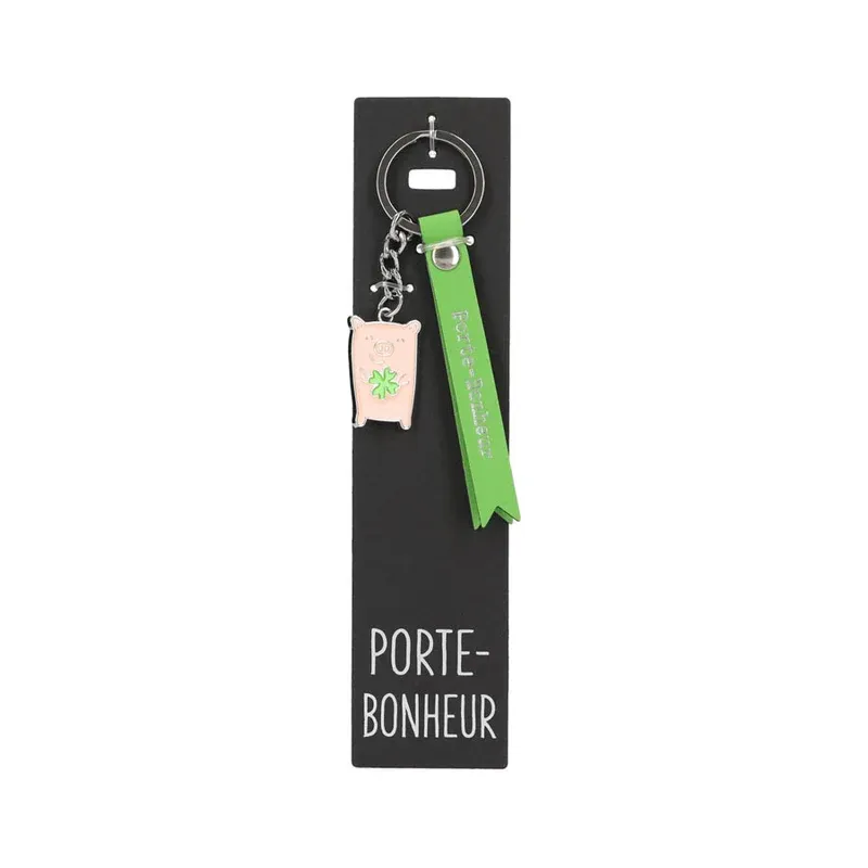 Porte-clés en cuir avec cochon et trèfle à 4 feuilles, "Porte-Bonheur"