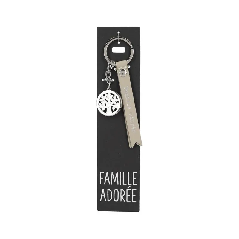 Porte-clés en cuir avec arbre coeur, "Famille adorée"