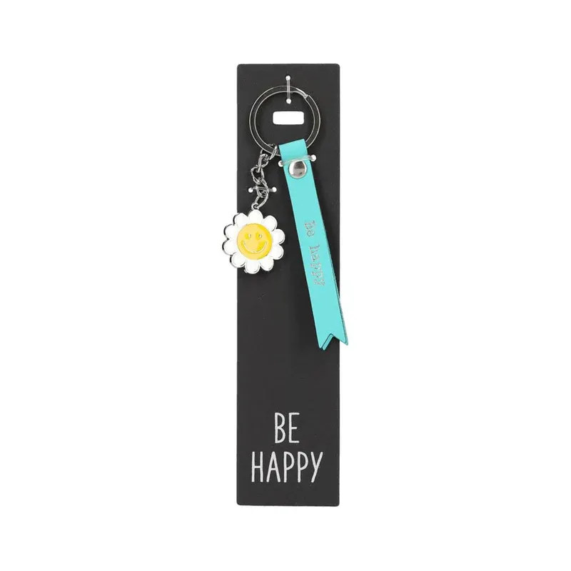 Porte-clés en cuir avec fleur souriante "Be happy"