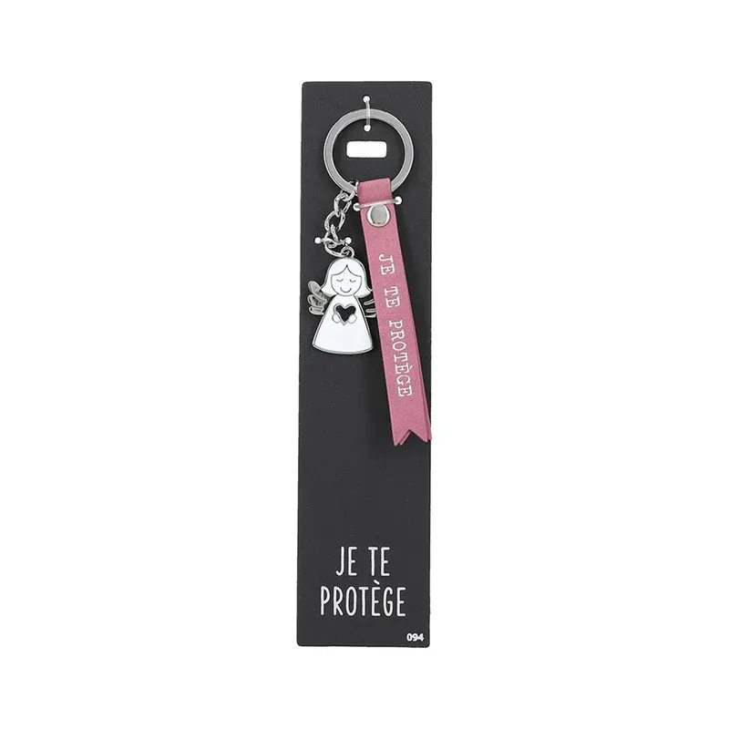Porte-clés en cuir avec petit ange et coeur "Je te protège"