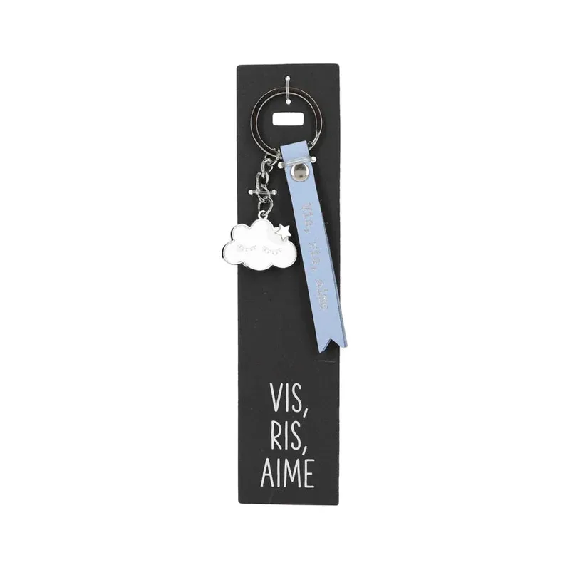 Porte-clés en cuir avec nuage étoile, "Vis, ris, aime"
