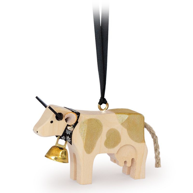 Trauffer Petite Vache tachetée dorée en bois avec cloche et à suspendre, fabriqué en Suisse