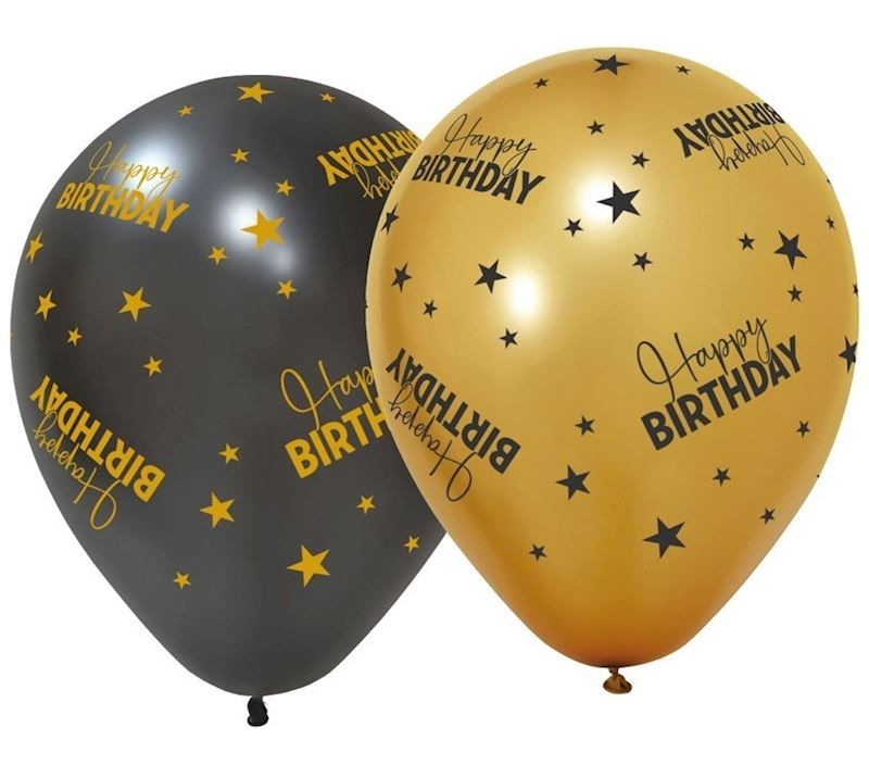 Ballons à gonfler, noir et or, "Happy Birthday", sachet 6 pièces, pour anniversaire