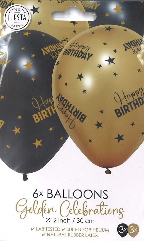 Ballons à gonfler, noir et or, "Happy Birthday", sachet 6 pièces, pour anniversaire