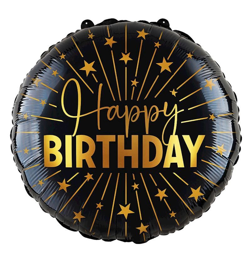 Ballon alu noir et or "Happy Birthday", pour décoration d'anniversaire, à gonfler avec de l'air ou de l'hélium