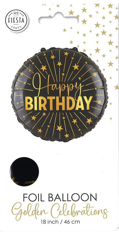Ballon alu noir et or "Happy Birthday", pour décoration d'anniversaire, à gonfler avec de l'air ou de l'hélium