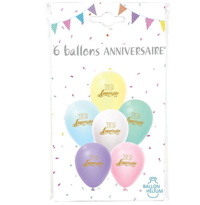 Ballons pastels "Joyeux anniversaire", sachet de 6 pièces, pour anniversaire