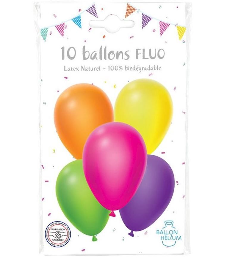 Ballons mélangés 26 cm, couleurs fluorescentes, sachet 10 pièces, pour anniversaire, décoration